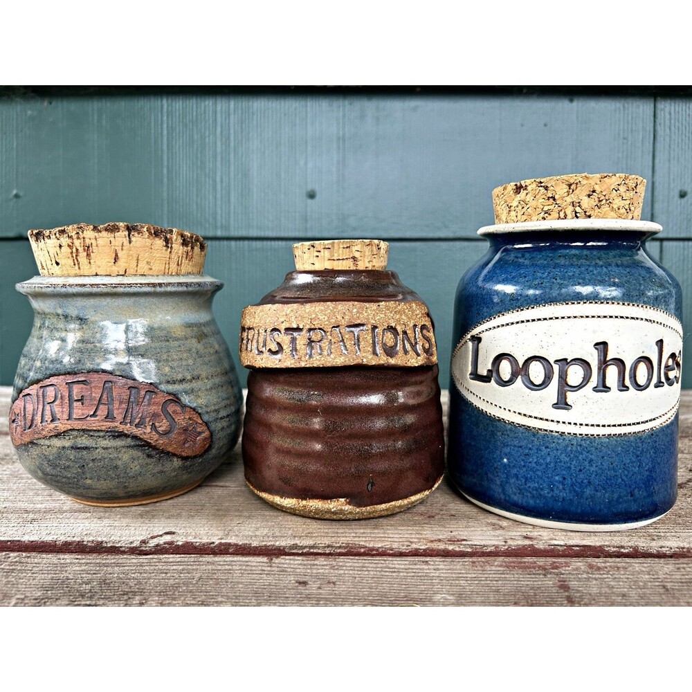 Vintage Studio Pottery Word Jars Cork Lids Dreams Frustrations Loopholes Set 3